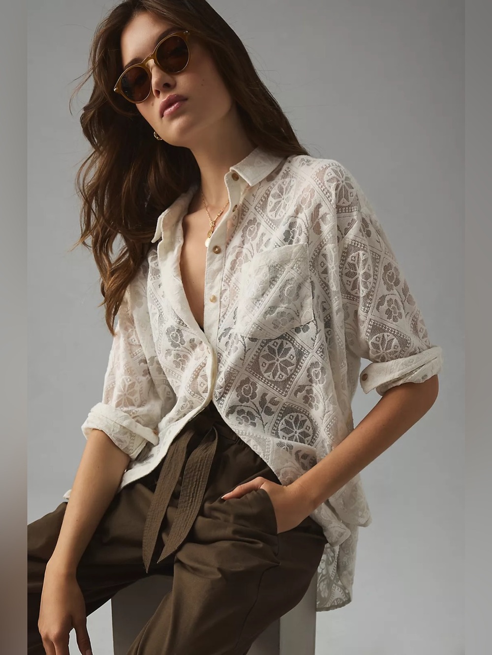Pilcro White Lace Button Down Blouse Size S